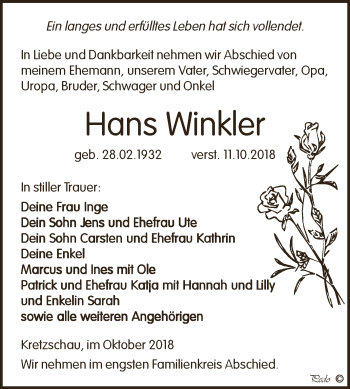 Traueranzeige von Hans Winkler von Super Sonntag Zeitz