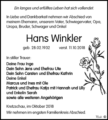 Traueranzeige von Hans Winkler von Mitteldeutsche Zeitung Zeitz