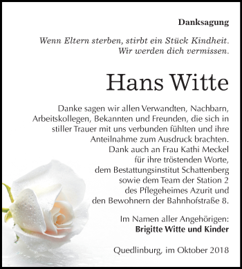 Traueranzeige von Hans Witte von Mitteldeutsche Zeitung Quedlinburg