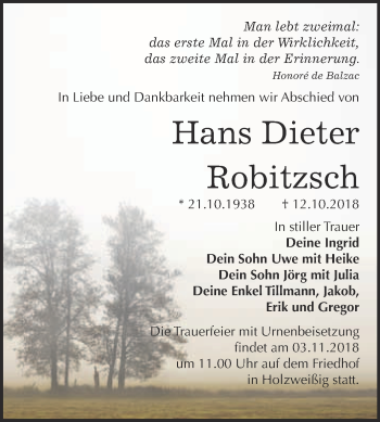 Traueranzeige von Hans Dieter Robitzsch von WVG - Wochenspiegel Bitterfeld