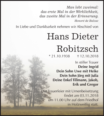 Traueranzeige von Hans Dieter Robitzsch von Mitteldeutsche Zeitung Bitterfeld