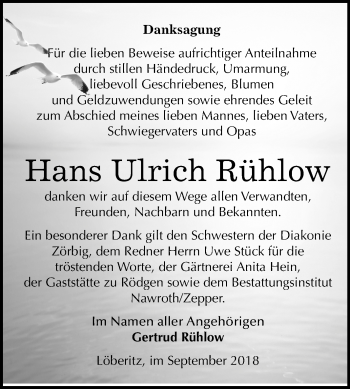 Traueranzeige von Hans Ulrich Rühlow von Mitteldeutsche Zeitung Bitterfeld