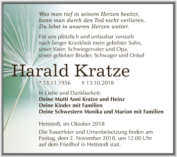 Traueranzeige von Harald Kratze von Wochenspiegel Mansfelder Land