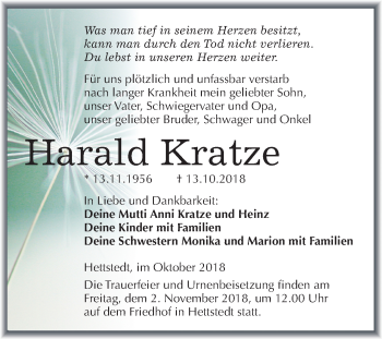 Traueranzeige von Harald Kratze von Mitteldeutsche Zeitung