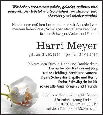 Traueranzeige von Harri Meyer von Mitteldeutsche Zeitung Weißenfels