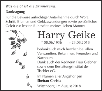 Traueranzeige von Harry Geike von WVG - Wochenspiegel Wittenberg