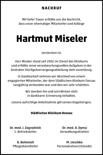 Traueranzeige von Hartmut Miseler von Mitteldeutsche Zeitung Dessau-Roßlau