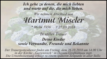 Traueranzeige von Hartmut Miseler von Mitteldeutsche Zeitung Dessau-Roßlau