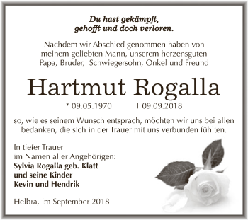 Traueranzeige von Hartmut Rogalla von Wochenspiegel Mansfelder Land