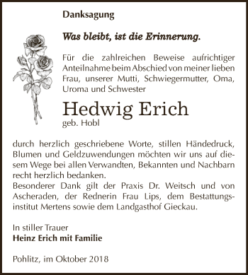 Traueranzeige von Hedwig Erich von WVG - Wochenspiegel NMB / WSF / ZTZ
