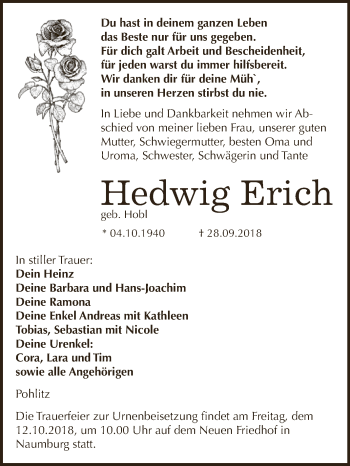 Traueranzeige von Hedwig Erich von WVG - Wochenspiegel NMB / WSF / ZTZ