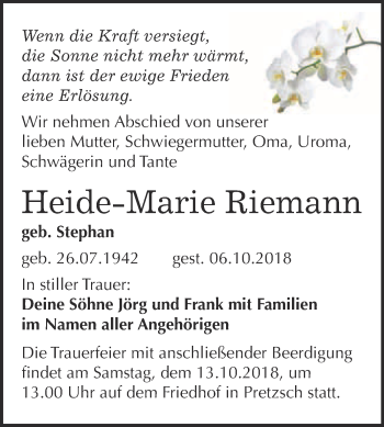 Traueranzeige von Heide-Marie Riemann von WVG - Wochenspiegel Wittenberg