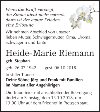 Traueranzeige von Heide-Marie Riemann von Mitteldeutsche Zeitung