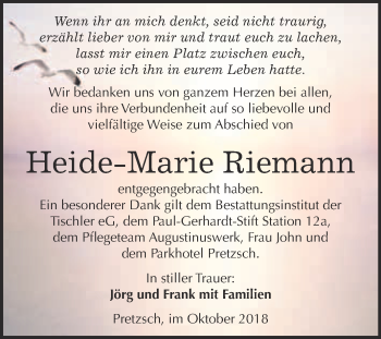 Traueranzeige von Heide-Marie Riemann von WVG - Wochenspiegel Wittenberg
