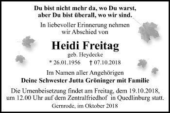 Traueranzeige von Heidi Freitag von Mitteldeutsche Zeitung Quedlinburg