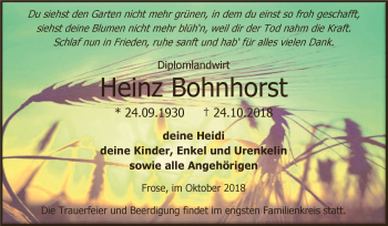 Traueranzeige von Heinz Bohnhorst von Super Sonntag Aschersleben