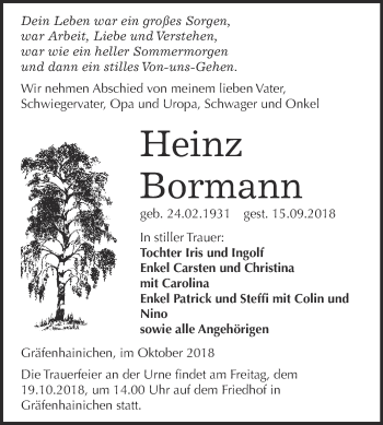 Traueranzeige von Heinz Bormann von WVG - Wochenspiegel Wittenberg