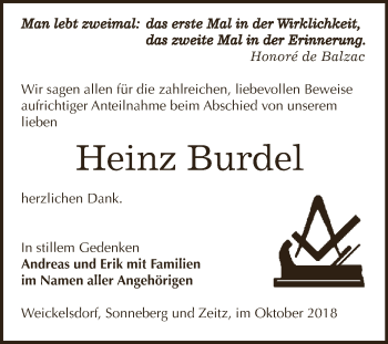 Traueranzeige von Heinz Burdel von Super Sonntag Zeitz