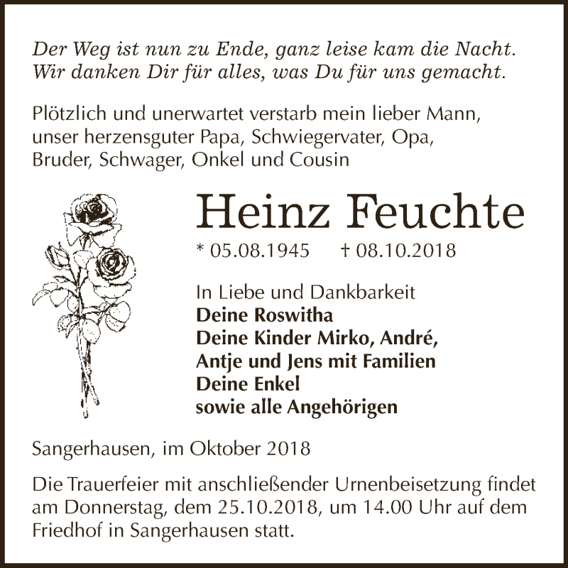  Traueranzeige für Heinz Feuchte vom 20.10.2018 aus Super Sonntag SGH Mansf. Land
