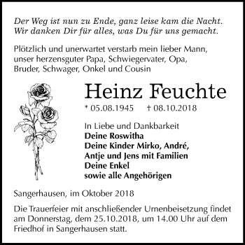 Traueranzeige von Heinz Feuchte von Mitteldeutsche Zeitung Sangerhausen
