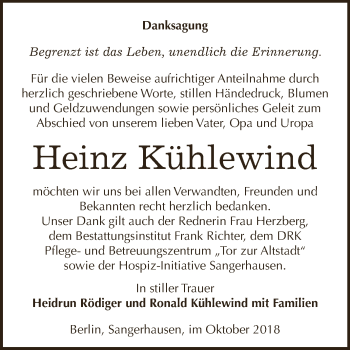 Traueranzeige von Heinz Kühlewind von Super Sonntag SGH Mansf. Land
