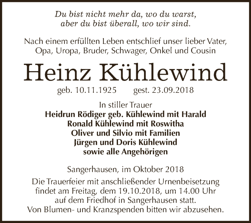  Traueranzeige für Heinz Kühlewind vom 06.10.2018 aus Super Sonntag SGH Mansf. Land