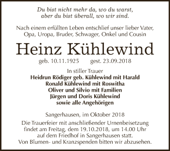 Traueranzeige von Heinz Kühlewind von Super Sonntag SGH Mansf. Land