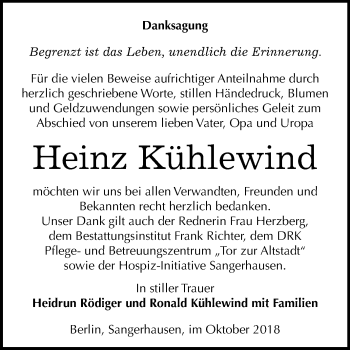 Traueranzeige von Heinz Kühlewind von Mitteldeutsche Zeitung Sangerhausen