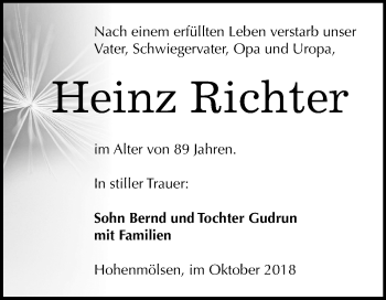 Traueranzeige von Heinz Richter von Mitteldeutsche Zeitung Weißenfels