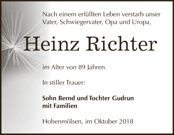 Traueranzeige von Heinz Richter von WVG - Wochenspiegel NMB / WSF / ZTZ
