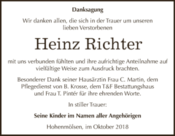 Traueranzeige von Heinz Richter von WVG - Wochenspiegel NMB / WSF / ZTZ