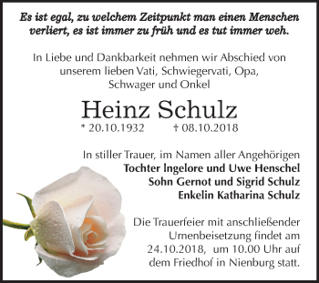 Traueranzeige von Heinz Schulz von Mitteldeutsche Zeitung Bernburg