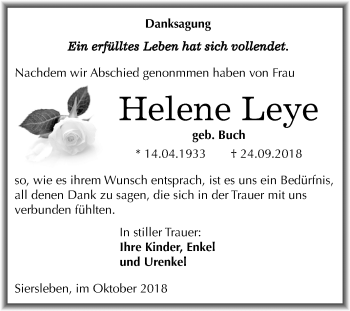 Traueranzeige von Helene Leye von Mitteldeutsche Zeitung