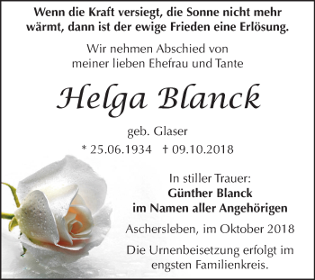 Traueranzeige von Helga Blanck von Mitteldeutsche Zeitung Aschersleben