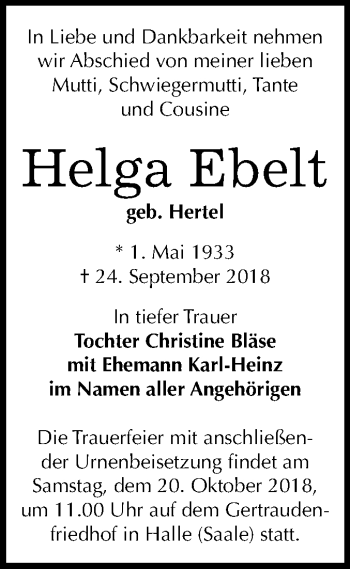 Traueranzeige von Helga Ebelt von Mitteldeutsche Zeitung Halle/Saalkreis