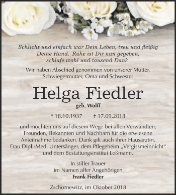 Traueranzeige von Helga Fiedler von WVG - Wochenspiegel Wittenberg