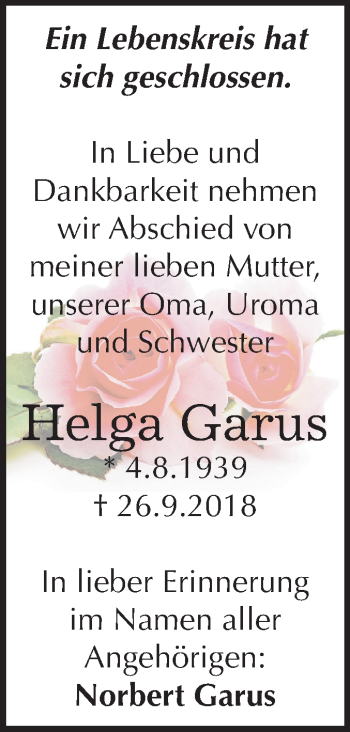 Traueranzeige von Helga Garus von Mitteldeutsche Zeitung Quedlinburg
