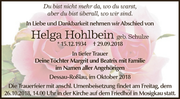 Traueranzeige von Helga Hohlbein von WVG - Wochenspiegel Dessau / Köthen