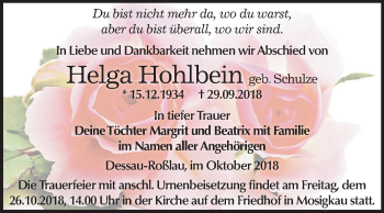 Traueranzeige von Helga Hohlbein von Mitteldeutsche Zeitung Dessau-Roßlau