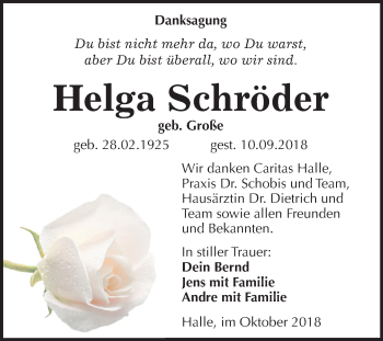 Traueranzeige von Helga Schröder von Mitteldeutsche Zeitung Halle/Saalkreis