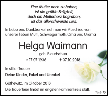 Traueranzeige von Helga Waimann von Mitteldeutsche Zeitung Weißenfels