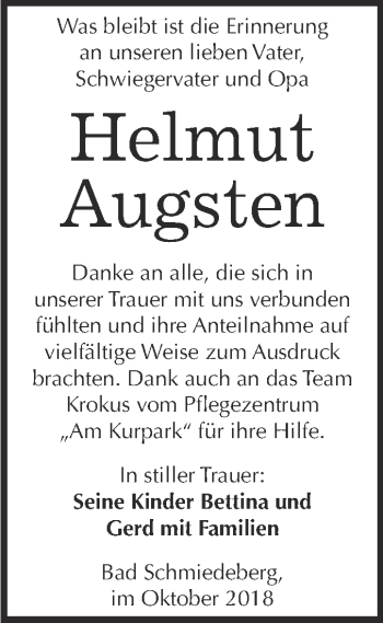 Traueranzeige von Helmut Augsten von WVG - Wochenspiegel Wittenberg