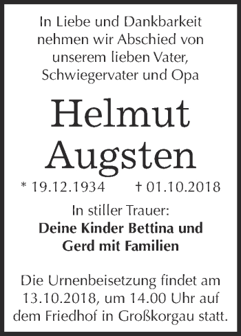 Traueranzeige von Helmut Augsten von WVG - Wochenspiegel Wittenberg