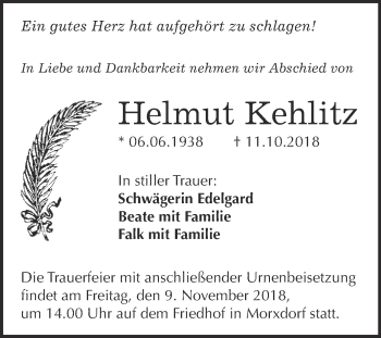 Traueranzeige von Helmut Kehlitz von WVG - Wochenspiegel Wittenberg