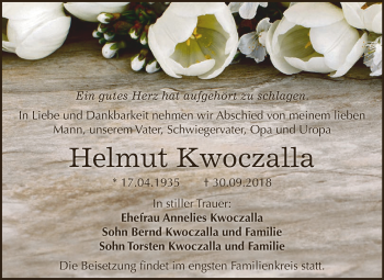 Traueranzeige von Helmut Kwoczalla von WVG - Wochenspiegel Dessau / Köthen