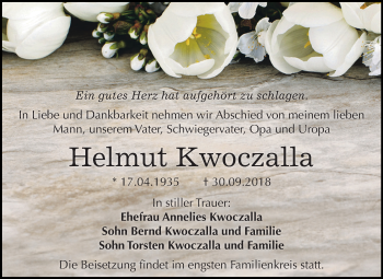 Traueranzeige von Helmut Kwoczalla von Mitteldeutsche Zeitung Dessau-Roßlau
