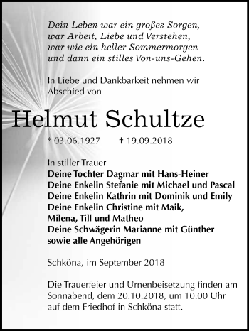 Traueranzeige von Helmut Schultze von WVG - Wochenspiegel Wittenberg