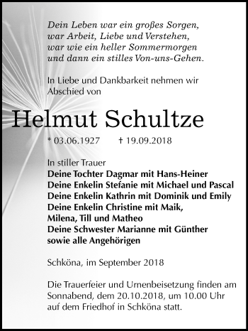 Traueranzeige von Helmut Schultze von Mitteldeutsche Zeitung