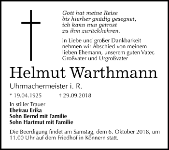 Traueranzeige von Helmut Warthmann von Mitteldeutsche Zeitung Bernburg