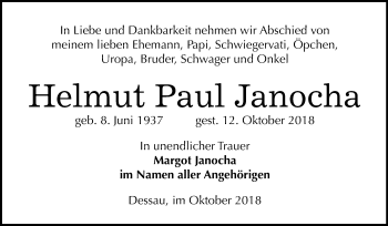 Traueranzeige von Helmut Paul Janocha von Mitteldeutsche Zeitung Dessau-Roßlau